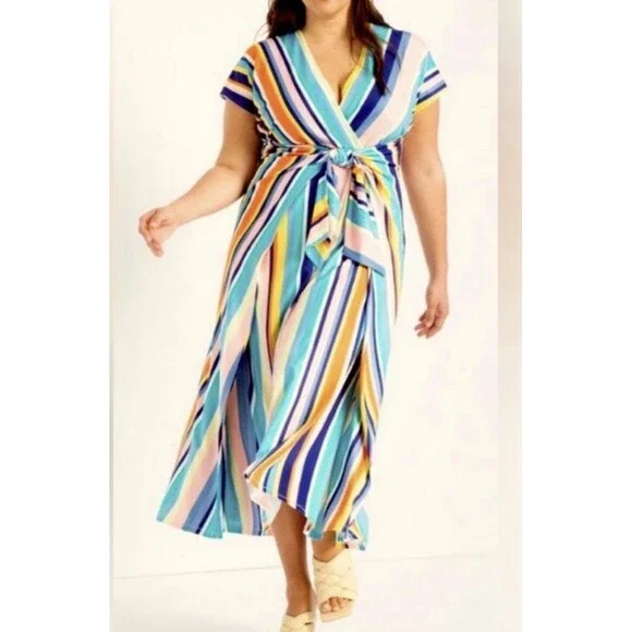Eloquii Stripe Wrap Tie Maxi Dress Womens 24 Rainbow V-Neck Short Sleeve NEW - Picture 2 of 10